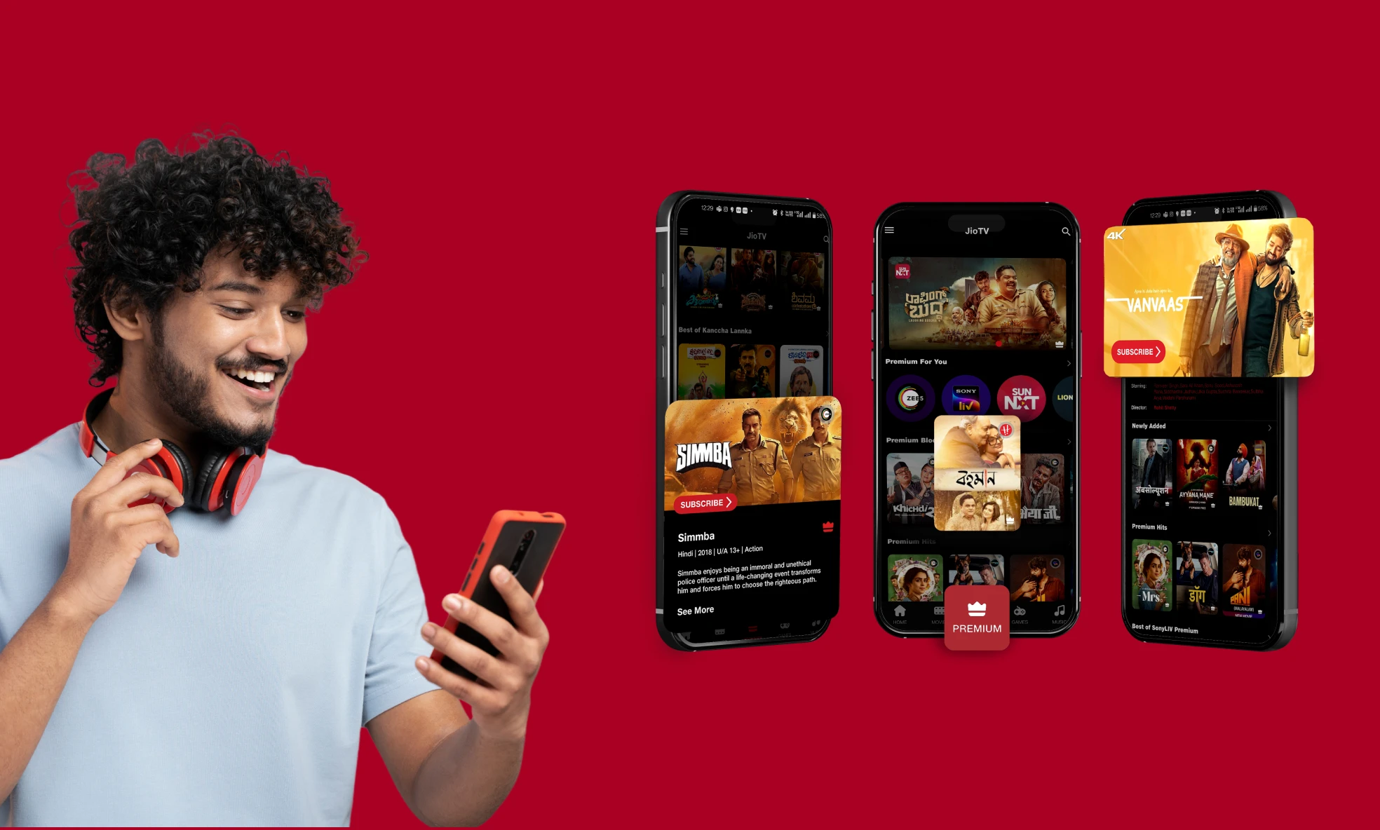 A Man watching JioTV program with excitement